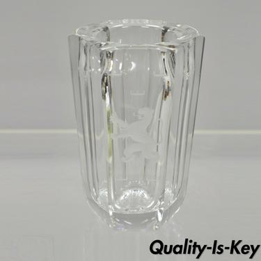 Vintage Kosta Boda Elis Bergh Etched Rampant Lion Crystal Glass 7.5" Vase