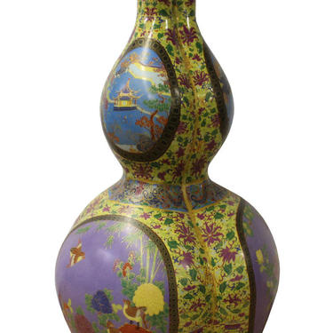 Chinese Gourd Shape Yellow Rich Multi-Color Print Graphic Porcelain Vase cs2818E 