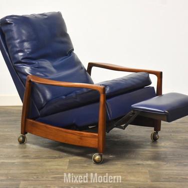 Walnut and Blue Vinyl Reclining Lounge Chair 