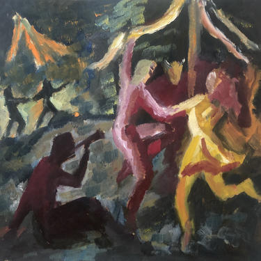 Vintage Oil Painting on Paper, Expressionist, Ritualistic Dancing Figures, Image size 16” W x 16” H, paper 17.5” W x 17.5” H 