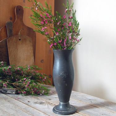 Vintage pewter vase / vintage pedestal vase / pewter bud vase / monogrammed vase / rustic farmhouse decor / shabby chic / brocante 