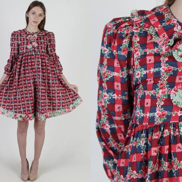 Colorful Rose Garden Dress / Bright Plaid Ruffle Collar / Large Sweeping Full Swing Skirt / Fun Red Garden Party Cute Knee Length Dress 