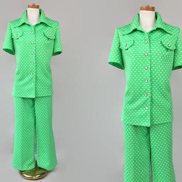 VINTAGE 70s Neon Green and White Polka Dot Pant Suit | 1970s Women's Leisure Suit | Wide Leg Pants With Matching Tunic Top | Plus Size Volup 