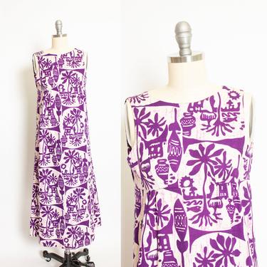 Vintage 1960s Dress Batik Print Purple Sleeveless Maxi Cotton 60s XXS 