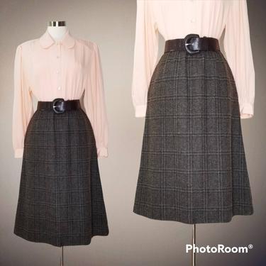 Vintage Brown Plaid Skirt, Large / Wool Skirt with Pockets / Elastic Waist Winter Office Skirt / Straight Midi Skirt / Dark Academia Skirt 