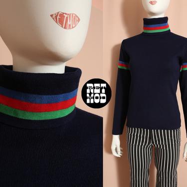 WOW Vintage 70s Navy Blue with Red Green Stripes Knit Turtleneck Top 