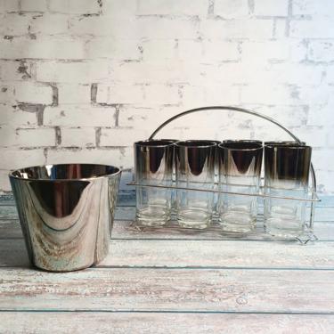 Vintage Dorothy Thorpe Style Faded Silver Barware Set With Carrier and Ice Bucket Modern 