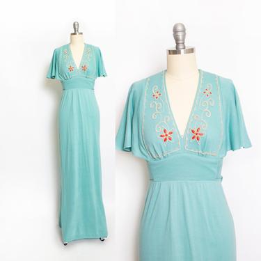 Vintage 1970s Maxi Dress Young Innocent Sea Foam Blue Knit 70s XS Extra Small 