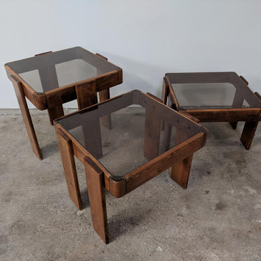 Vintage Brutalist Style Interlocking, Stackable Nesting Tables with Smoked Glass 
