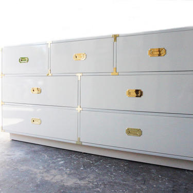CLOSEOUT SALE // Ready to Ship  // Handcrafted 7 Drawer White Lacquer Campaign Dresser with Brass Hardware 