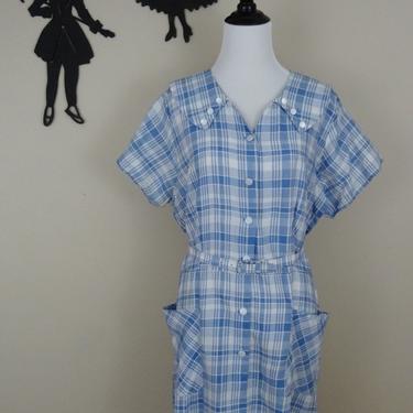 Vintage 1950's Plaid Dress / 50s Button Up Day Dress XL/XXL 