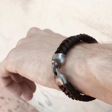 Mens Braided Leather Bracelet with Steel Hook by TreasureInYourChest
