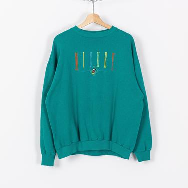90s Mickey Mouse Embroidered Sweatshirt - Men's XL | Vintage Unisex Teal Green Graphic Disney Cartoon Pullover 