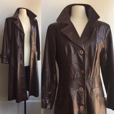 OOL Vintage 70’s CHOCOLATE Brown Leather Trench Coat Jacket / Trim Cut + Maxi Length / Wilson Leather 
