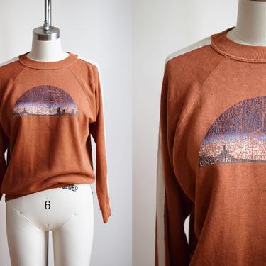 1970s &quot;Only in Texas&quot; Raglan | Vintage 70s Soft Cotton Knit Clay Brown Sweatshirt with Faded Sunset Insignia | S 
