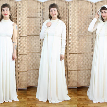 Vintage 70's Cream Maxi Dress with Hooded Jacket / 1970's Hooded Wedding Dress / Women's Size XS by Ru