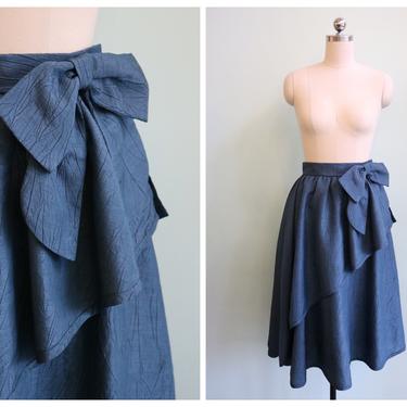 Vintage 1980's Slate Blue Textured Bow Skirt | Size Extra Small 