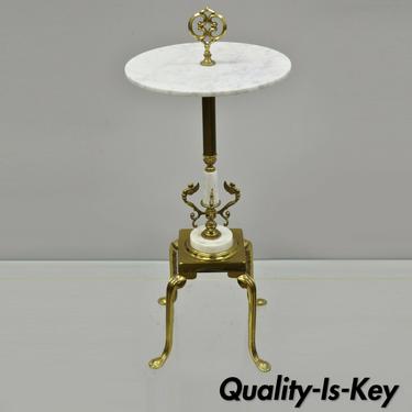 French Victorian Round Marble Top Brass Small Accent Smoking Stand Side Table