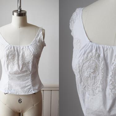 Antique Edwardian Camisole | XS | 1900s White Cotton and Lace Top | Corset Cover | Blouse 