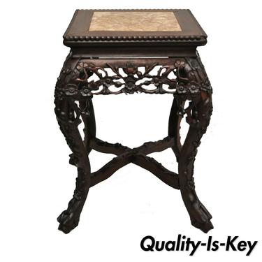 Antique Carved Hardwood Rosewood Marble Top Chinese Pedestal Table Plant Stand D