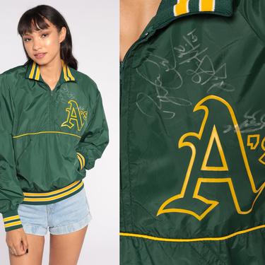 Oakland Athletics Jacket Baseball Jacket 80s Mlb Varsity Bomber Sports Snap Up 1980s Vintage Green Pullover Medium 