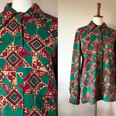 Vintage 70s groovy green patterned polyester long sleeve button up size small 