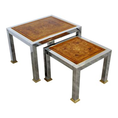 Mid Century Modern Pair of Nesting Stacked Tables Burl Wood Chrome Brass 1960s 