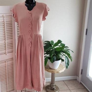 Vintage 40s Blush Pink Scallop Trim Crepe Dress RARE S/M 