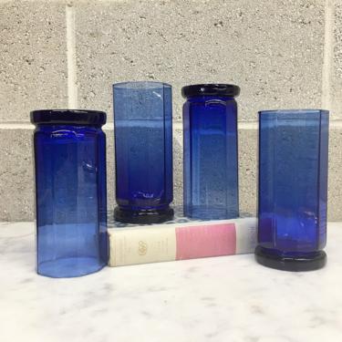Vintage Drinking Glasses Retro 1980s Anchor Hocking + Blue + Glass + Hexagon Shape + Set of 4 Matching + Tumblers + Kitchen and Home Decor 