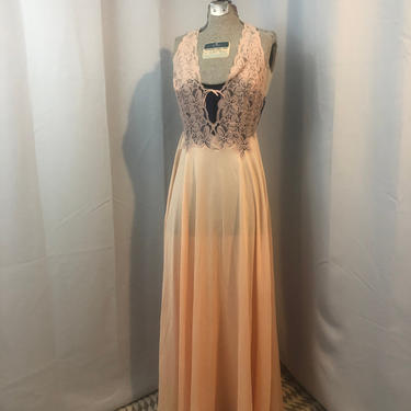 1960s pinup nightie night gown peach lace T back Glydons S 