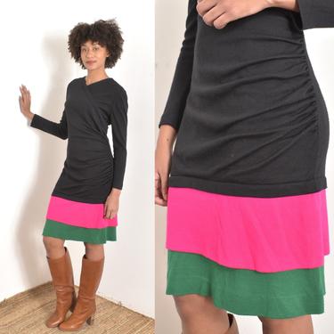 Vintage 1980s Dress / 80s Oscar de la Renta Knit Dress / Black Green Pink ( M L ) 