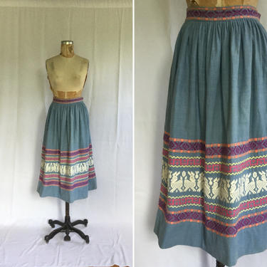 Bohemian 70s embroidered skirt | Vintage cotton embroidered pleated full skirt | 1970s Guatemalan chambray blue skirt 