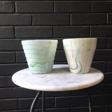 2 Slag Glass Pots Art Deco Swirl Agate Green Ribbed Akro White Flower Slag Plant 