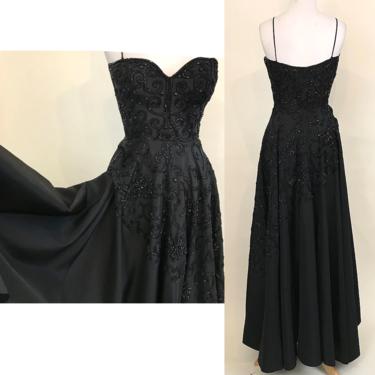 Dramatic 1950's Black Satin Beaded Gown Hollywood Glamor Party Dress Size X Small 