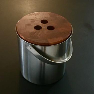 Vintage Mid Century Modern Stelton Stainless Teak Covered Ice Bucket Denmark 