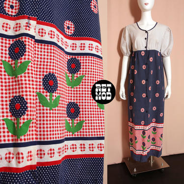Cute Vintage 60s 70s Navy Blue, White &amp; Red Polka Dot and Flower Maxi Dress with Puff Sleeves 