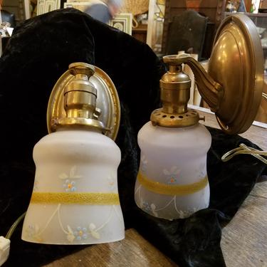 Brass Sconce with Hand Painted Frosted Glass Shade. 4 x 10. Matching Pair.