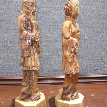 Pair Vintage Oriental Asian Style Man &amp; Woman Marble Statues Sculptures 18&amp;quot; Tall 