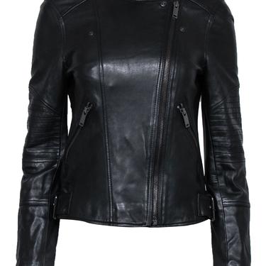 Reiss - Black Leather Zip-Up Jacket w/ Quilted Trim Sz 6