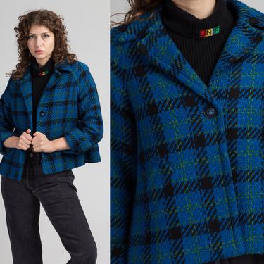 90s Does 60s Evan Picone Blue Plaid Jacket - Petite Small | Vintage Wool Collared Button Up Cropped Swing Coat 