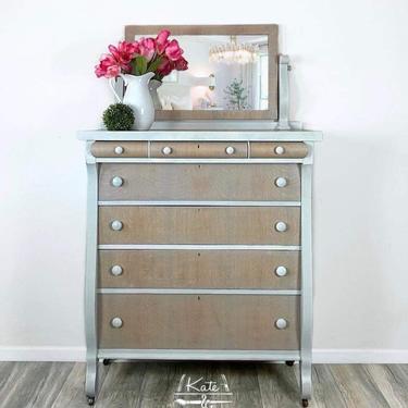 Vintage Tiger Oak Empire Dresser, Mirror, Gray/White 