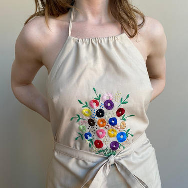70s Embroidered Handmade  Apron Dress  w/ Floral bouquet detail 