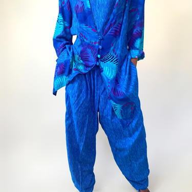 VINTAGE 90s Blue Abstract Printed 2 Piece Pant Suit Sz L 