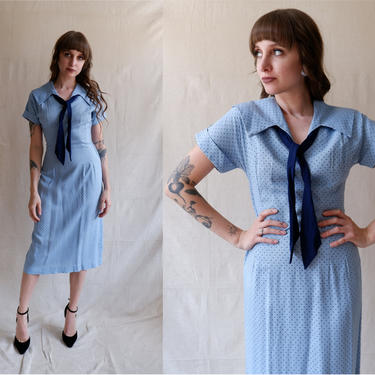 Vintage 50s Linen Sailor Swiss Dot Dress/ 1950s Light Blue Wiggle Dress/ Size XS Small 