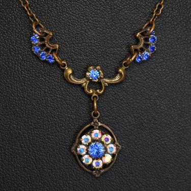 Vintage Kenny Ma San Francisco elegant Victorian style brass blue & AB Aurora Borealis crystal lavalier necklace 