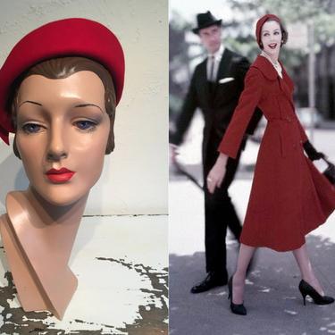 Turning Heads Daily - Vintage 1950s Lipstick Red Wool Felt Caplet Soft Beret Styled Hat 