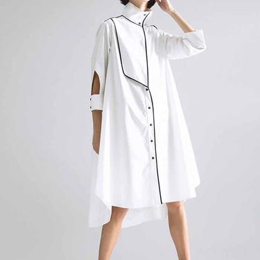 High Neck Piping Detail Cropped Sleeve Shirtdress