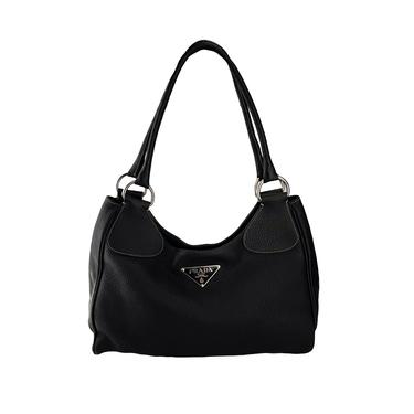 Prada Black Leather Logo Hobo Shoulder Bag