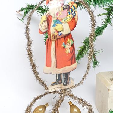 Large Antique Victorian English Tinsel Christmas Ornament with Die Cut Santa Scrap, Mercury Glass Ornaments 