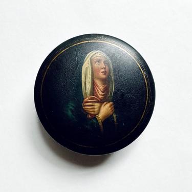 Antique French Papier Mache Lacquer Box w/ Virgin Mary Our Lady of Sorrows 1885 